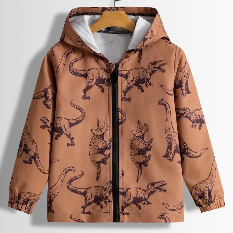 Chlapecká Bunda Casual Cartoon Dinosaur Print Na Zip S Kapucí