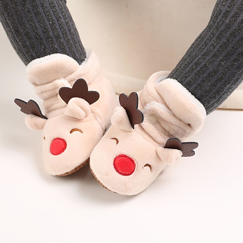 Christmas Cartoon Elk Warm Fleece Boty Na První Procházku Pohodlné Domácí S Protiskluzovou Úpravou Pro Chlapečky Batole Kojenec Novorozenec