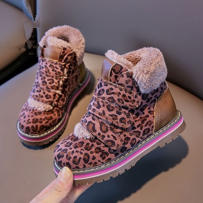 Dívčí Fleecové Zateplené Sněhule S Leopardím Potiskem Zimní Protiskluzové Boty Na Suchý Zip