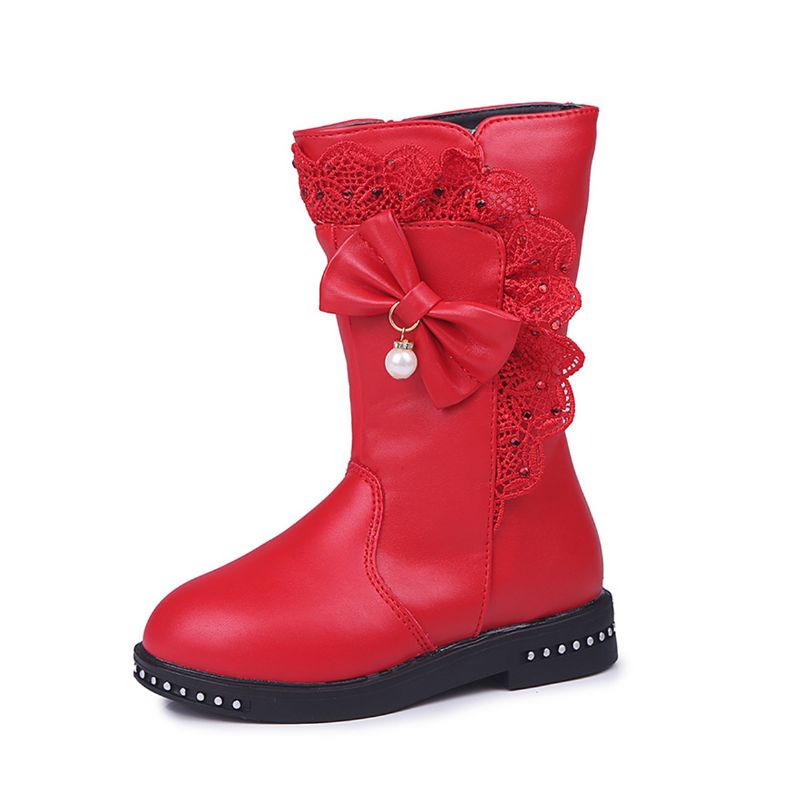 Dívčí Voděodolné Zateplené Boty S Krajkou Bowknot Boční Zip Fleece Zimní Novinka