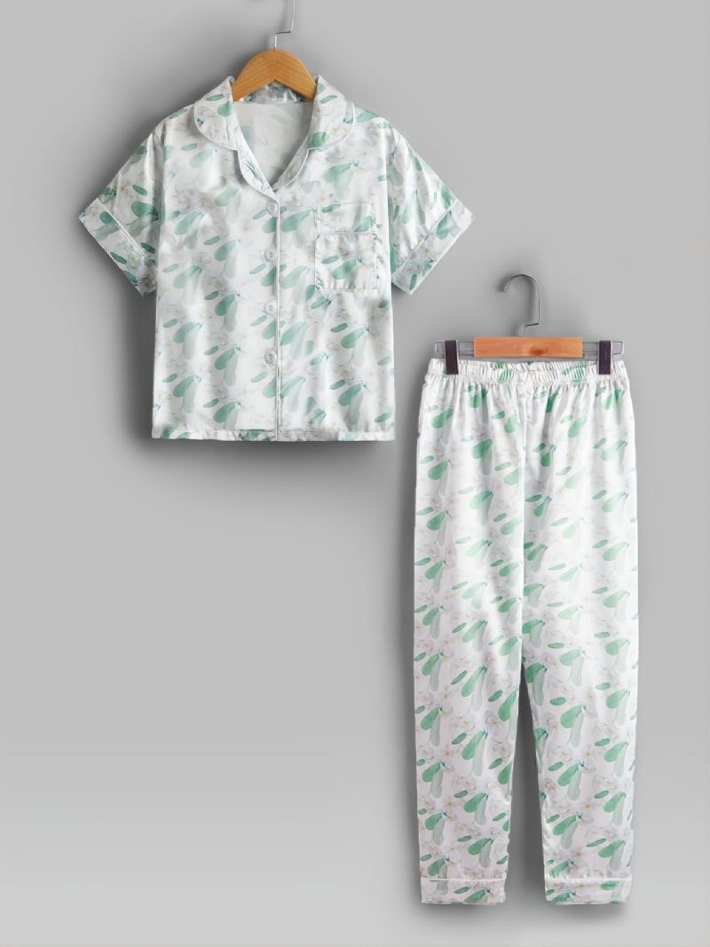 2ks Batole Dívčí Květinové Cardigan Sleeve Kalhoty Ležérní Pyžamový Set