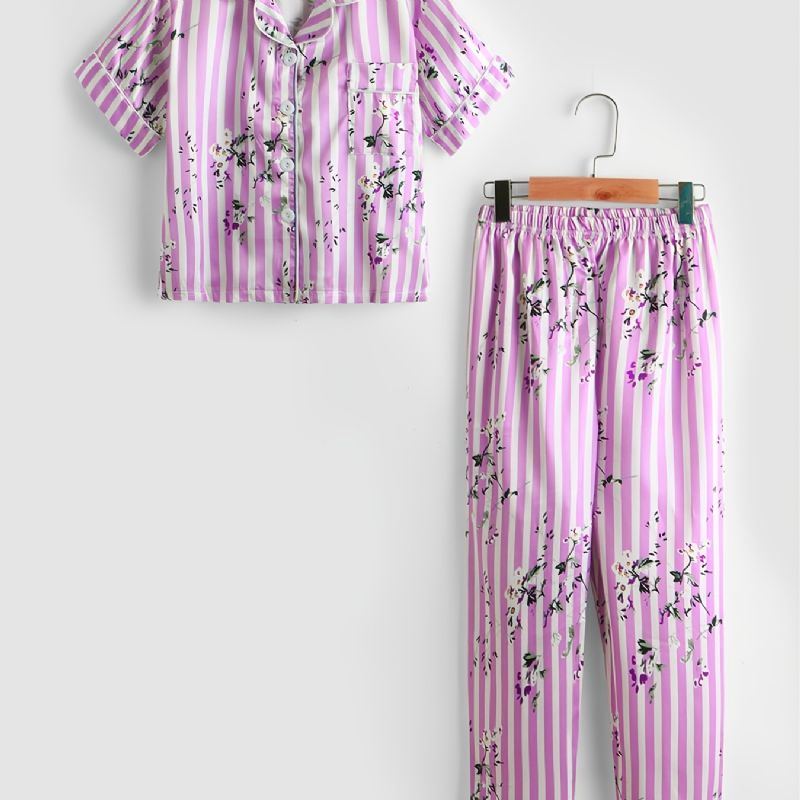 2ks Batole Dívčí Růžové Pruhované Ditsy Floral Collar Sleeve Kalhoty Ležérní Pyžamová Sada P119-2