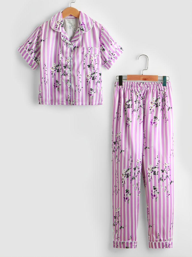 2ks Batole Dívčí Růžové Pruhované Ditsy Floral Collar Sleeve Kalhoty Ležérní Pyžamová Sada P119-2