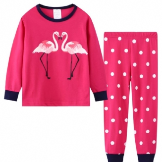 2ks Batolecí Dívčí Flamingo Potisk Bavlněná Mikina S Výstřihem Pyžamové Soupravy