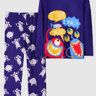 2ks Chlapci Casual Cartoon Monster Pyžamo Set S Dlouhým Rukávem A Kalhotami Námořnická Modrá