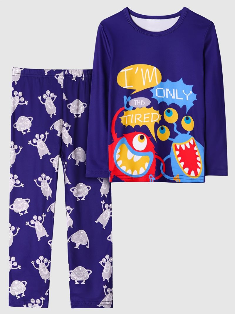 2ks Chlapci Casual Cartoon Monster Pyžamo Set S Dlouhým Rukávem A Kalhotami Námořnická Modrá