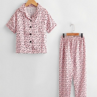 2ks Dívčí Ležérní Pohodlné Růžové Kalhoty S Klopou A Krátkým Rukávem Pyžamový Set
