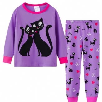 2ks Dívčí Neformální Kreslený Roztomilý Černá Kočka Posádka Výstřih Barvy Bavlněné Pyžamové Soupravy