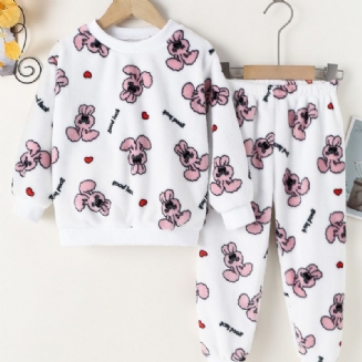 2ks Dívčí Pulovr Kalhoty Pyžamo S Dlouhým Rukávem Set S Roztomilým Potiskem Love Rabbit