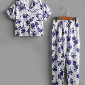 2ks Dívčí Pyžamové Kalhoty S Límcem A Květinovým Potiskem Pro Volný Čas