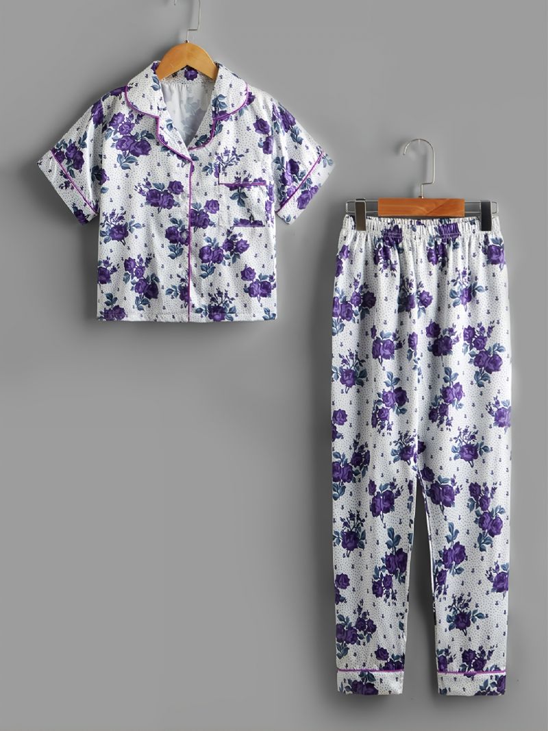 2ks Dívčí Pyžamové Kalhoty S Límcem A Květinovým Potiskem Pro Volný Čas