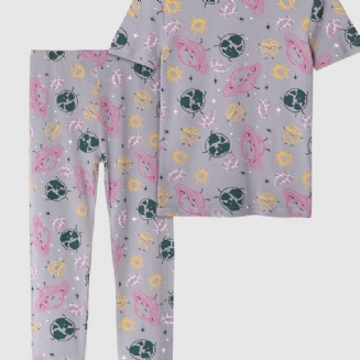 2ks Dívčí Roztomilá Kreslená Sada Pyžama Planet Print S Krátkým Rukávem A Kalhotami