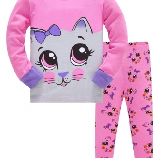 2ks Dívčí Souprava Pyžama Lovely Cat Print S Dlouhým Rukávem Topy A Kalhoty S Výstřihem Na Zimu Růžová