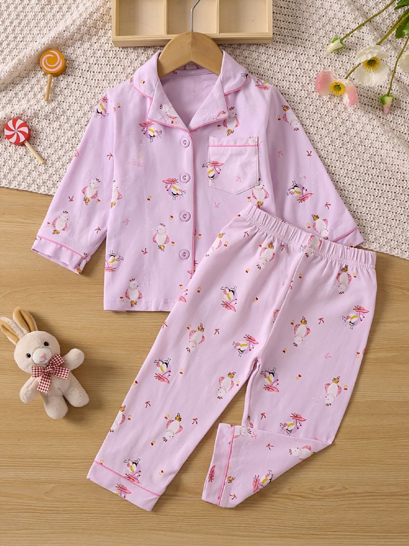 2ks Dětské Dívčí Pyžamo Roztomilý Bird Print Lapel Dlouhý Rukáv Top & Kalhoty Set