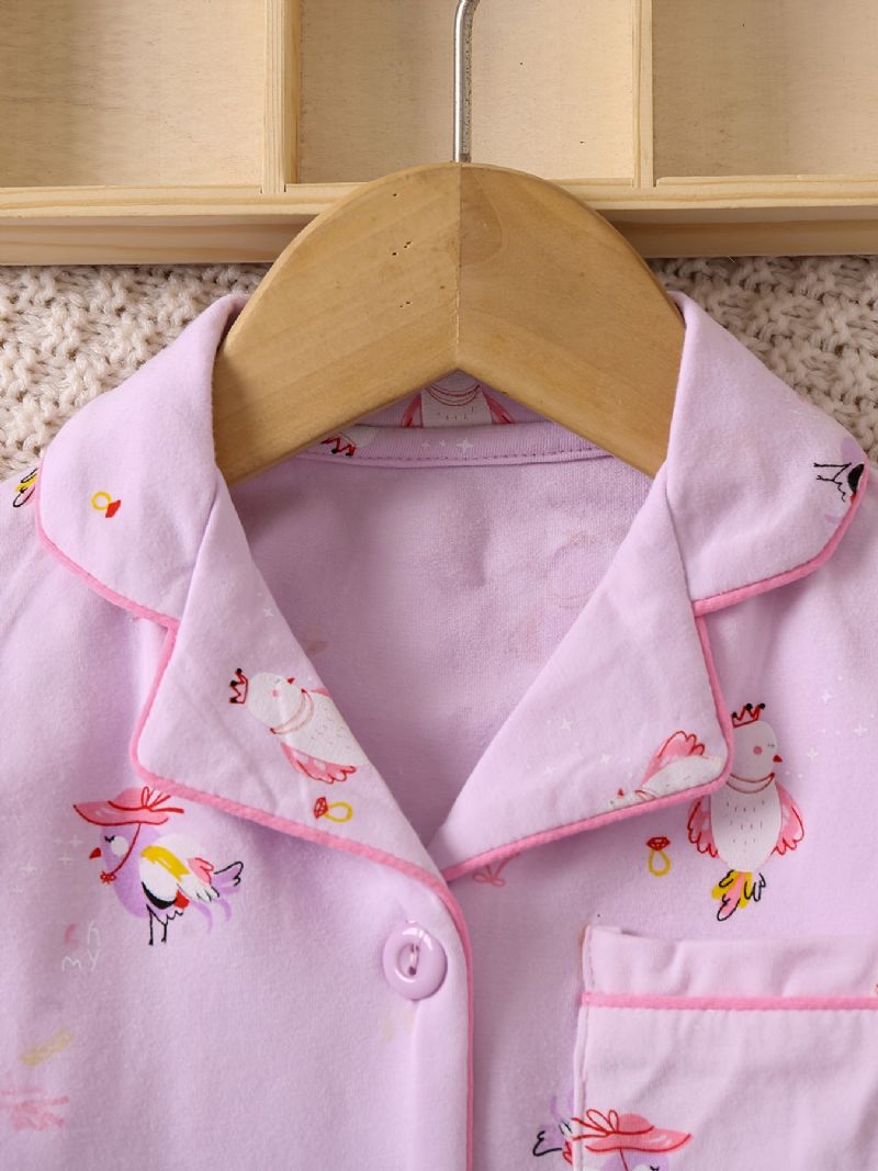2ks Dětské Dívčí Pyžamo Roztomilý Bird Print Lapel Dlouhý Rukáv Top & Kalhoty Set