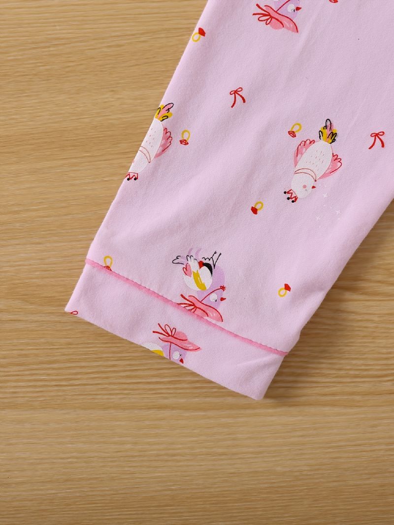 2ks Dětské Dívčí Pyžamo Roztomilý Bird Print Lapel Dlouhý Rukáv Top & Kalhoty Set