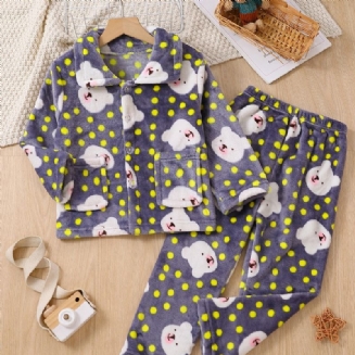 2ks Nový Podzim Zima Chlapci & Dívky Zahuštěný Flanel Cardigan Dot Bear Print Pyžama Set
