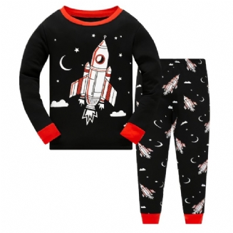 Chlapecké Pyžamo Rocket Print Svítící Ve Tmě Kulatý Výstřih Dlouhý Rukáv Top A Kalhoty