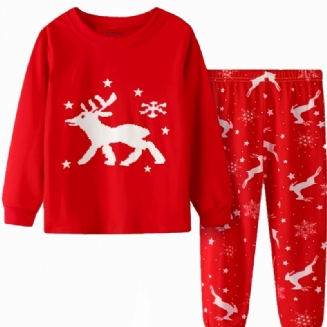 Dívčí Ležérní Kreslené Losy Potištěné Jednobarevné Bavlněné Pyžamové Sady Na Vánoce