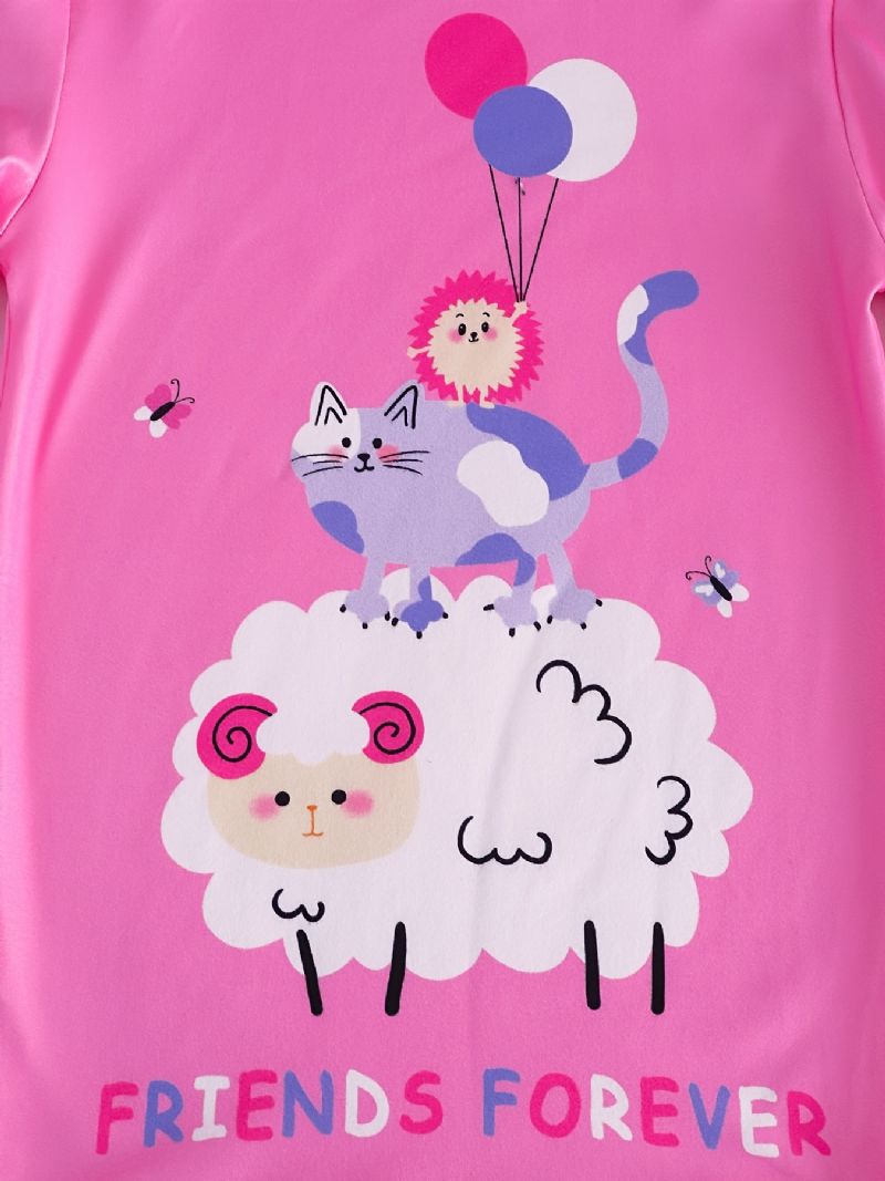 Dívčí Ležérní Růžové Kreslené Pyžamo S Potiskem Ovcí Kočky Tričko S Dlouhým Rukávem A Balónkové Kalhoty