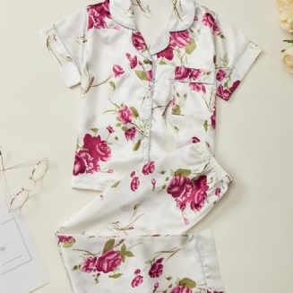 Dívčí Pyžamo Family Outfit Květiny Potisk Klopa Krátký Rukáv Top & Kalhoty Set Dětské Oblečení