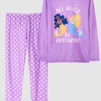 Dívčí Pyžamo Family Outfit Mořská Panna Potisk S Kulatým Výstřihem Dlouhý Rukáv Top & Puntíkaté Kalhoty Set Dětské Oblečení