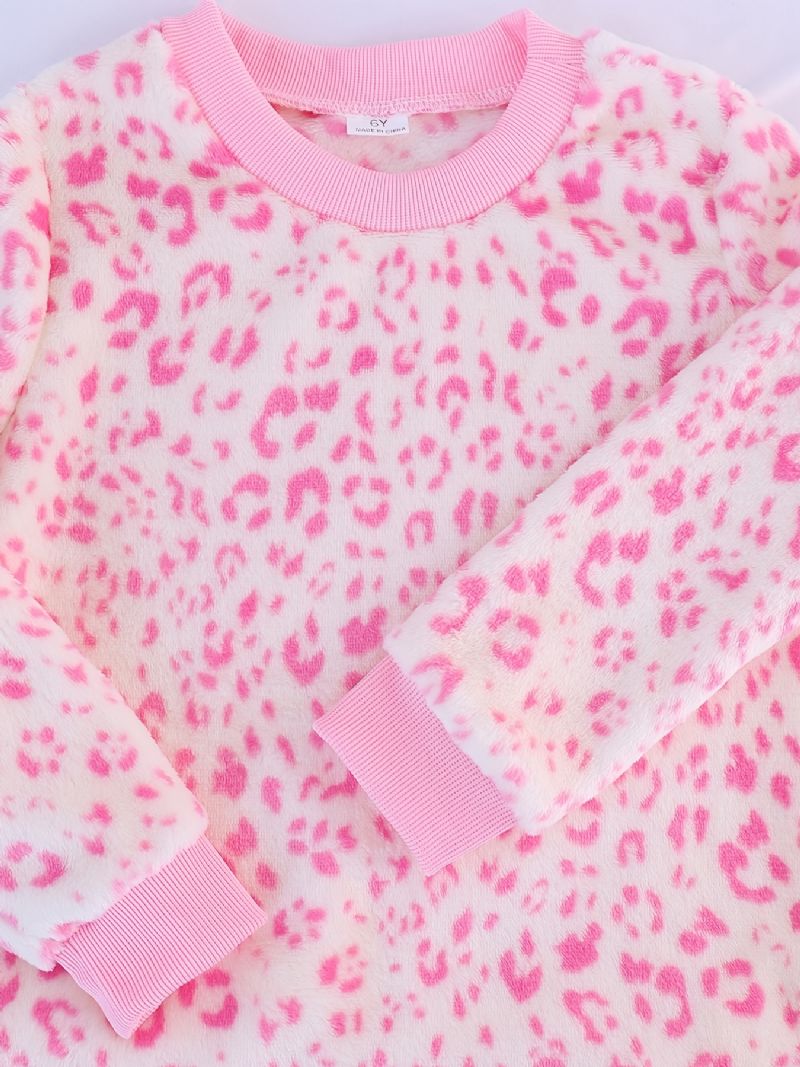 Dívčí Pyžamo Family Outfit Růžový Leopardí Kulatý Výstřih S Dlouhým Rukávem A Kalhotami Set Dětské Oblečení