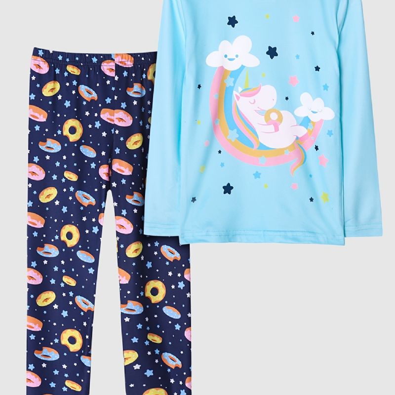 Dívčí Pyžamo Jednorožec Moon Print Set Top & Kalhoty S Kulatým Výstřihem A Dlouhým Rukávem