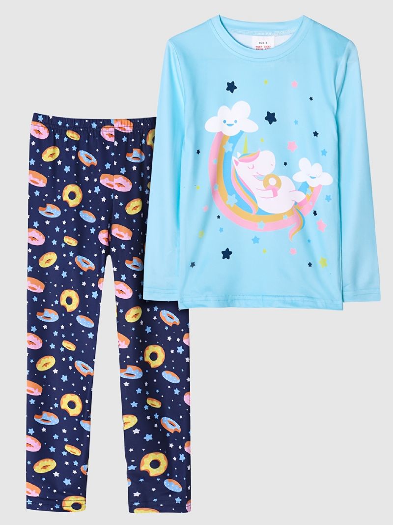 Dívčí Pyžamo Jednorožec Moon Print Set Top & Kalhoty S Kulatým Výstřihem A Dlouhým Rukávem