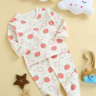 Dívčí Pyžamo Rodinné Oblečení Jahodový Potisk Kulatý Výstřih Dlouhý Rukáv Top & Kalhoty Set Dětské