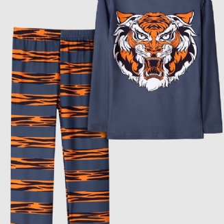 Dívčí Pyžamo Rodinné Oblečení Tygří Potisk S Kulatým Výstřihem Dlouhý Rukáv Top & Kalhoty Set Dětské