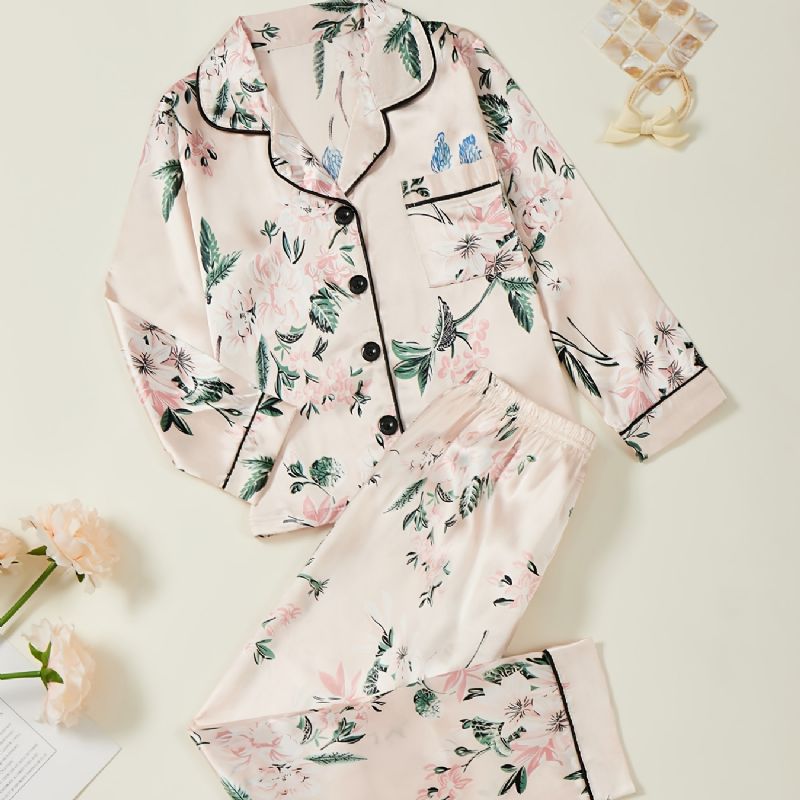 Dívčí Pyžamo S Květinovým Potiskem Rodinný Outfit Knoflíček S Výstřihem Do V Top S Dlouhým Rukávem A Elastickým Pasem Sada Kalhot Dětské Oblečení