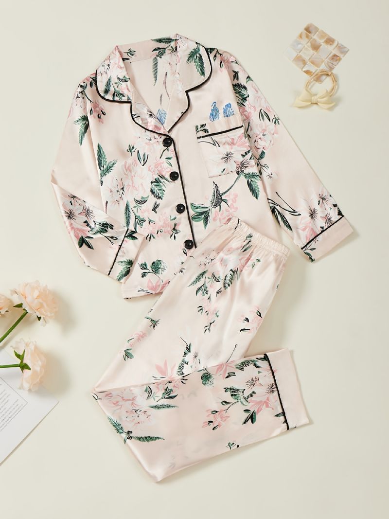 Dívčí Pyžamo S Květinovým Potiskem Rodinný Outfit Knoflíček S Výstřihem Do V Top S Dlouhým Rukávem A Elastickým Pasem Sada Kalhot Dětské Oblečení