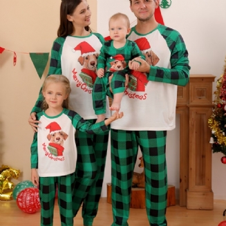 Dívčí Pyžamo Vánoční Dětský Pet Dog Digitální Tisk Crew Neck Top Zelené Kostkované Kalhoty Set