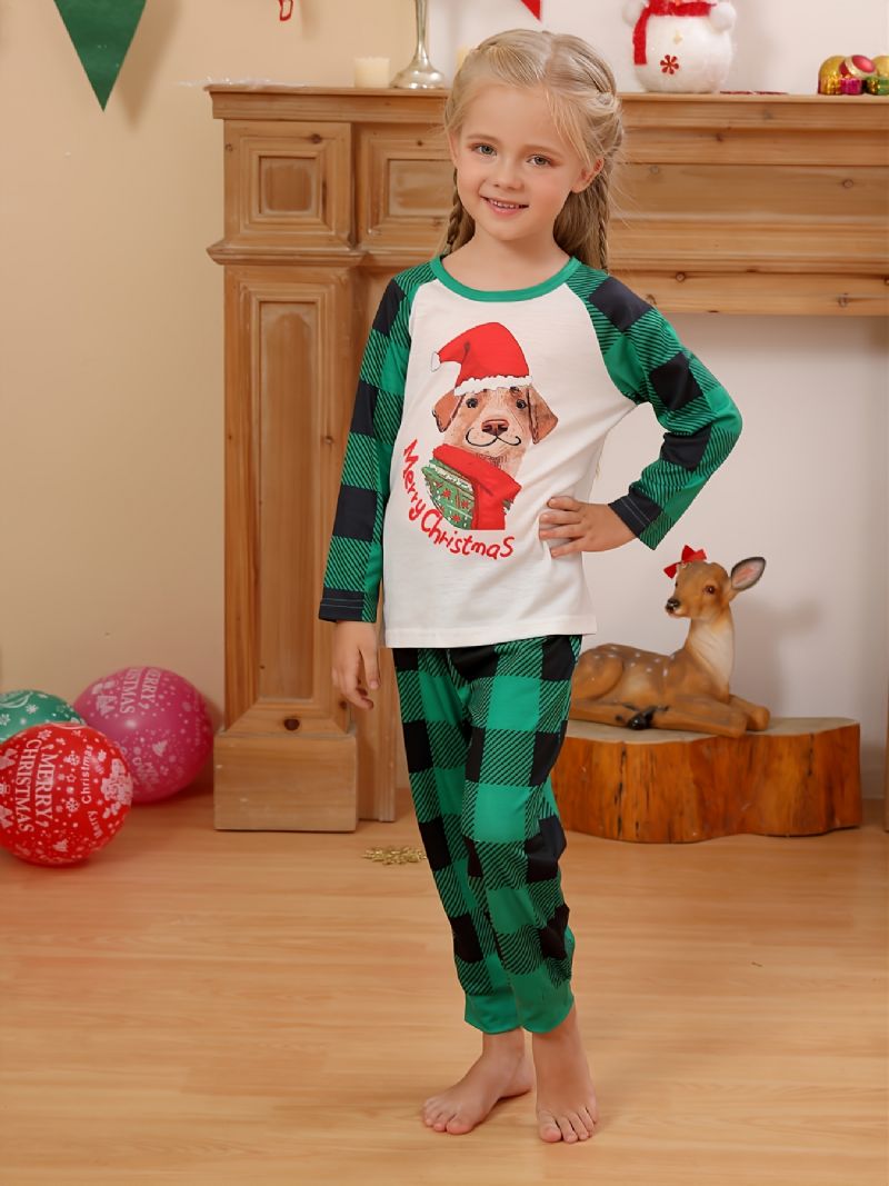 Dívčí Pyžamo Vánoční Dětský Pet Dog Digitální Tisk Crew Neck Top Zelené Kostkované Kalhoty Set