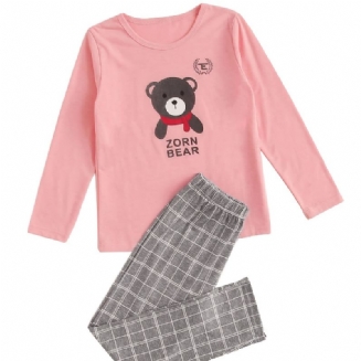 Dívčí Pyžamový Set S Dlouhým Rukávem Medvěd S Potiskem A Padnoucími Kostkovanými Kalhotami