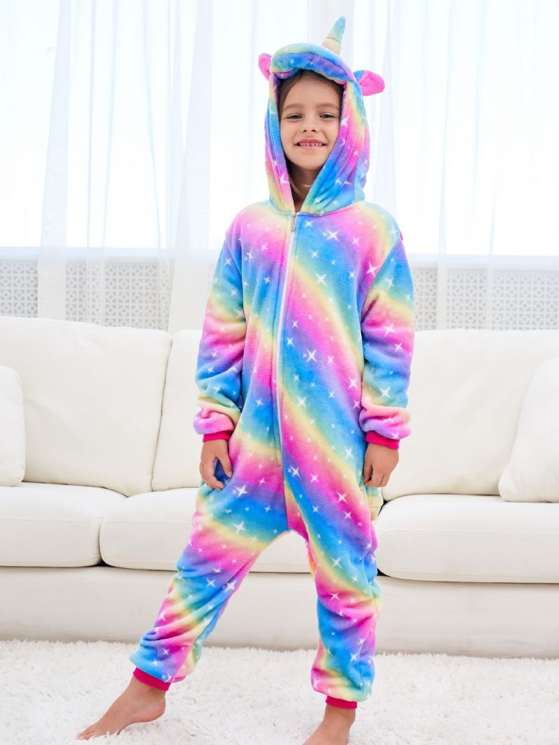 Dívčí Roztomilé Fleecové Termo Duhové Pyžamo S Kapucí Pro Děti Na Domácí Párty