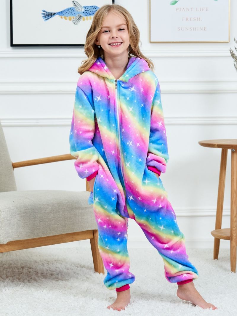 Dívčí Roztomilé Fleecové Termo Duhové Pyžamo S Kapucí Pro Děti Na Domácí Párty