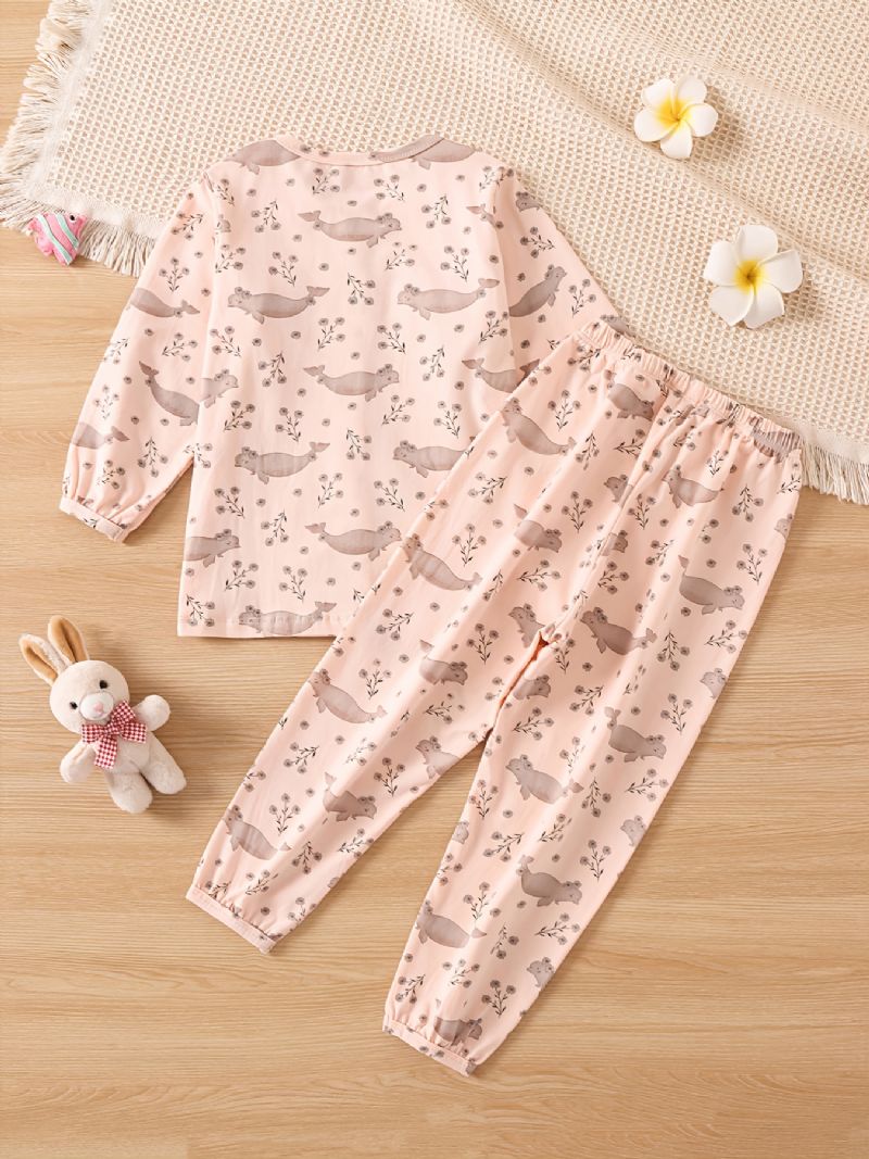Dívčí Roztomilý Dolphin Print Crew Neck Dlouhý Rukáv Pyžamový Set