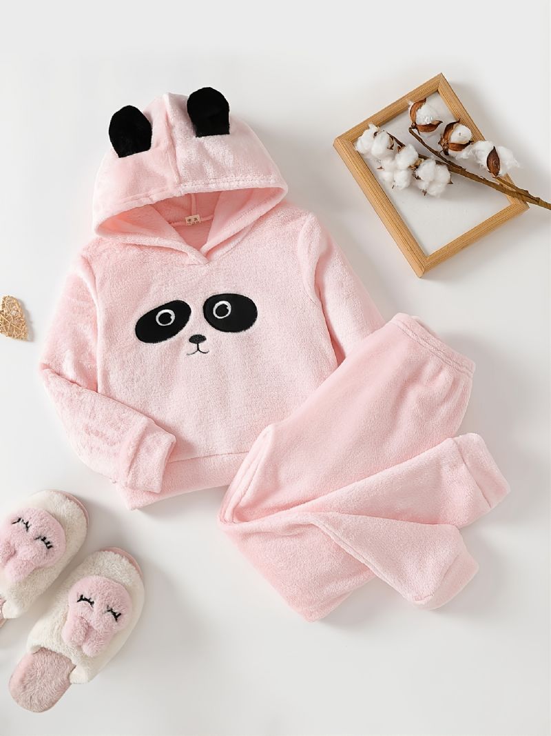 Dívčí Roztomilý Kreslený Panda Vzor Flanelové Pyžamo S Kapucí Sada Růžová