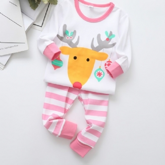 Dívčí Roztomilý Vánoční Potisk Losa S Dlouhým Rukávem Kalhoty S Výstřihem Pyžamový Set