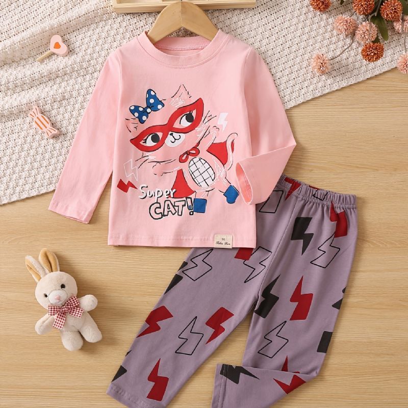 Dívčí Roztomilý Zvířecí Potisk S Dlouhým Rukávem Bavlněné Top Kalhoty Pyžamový Set