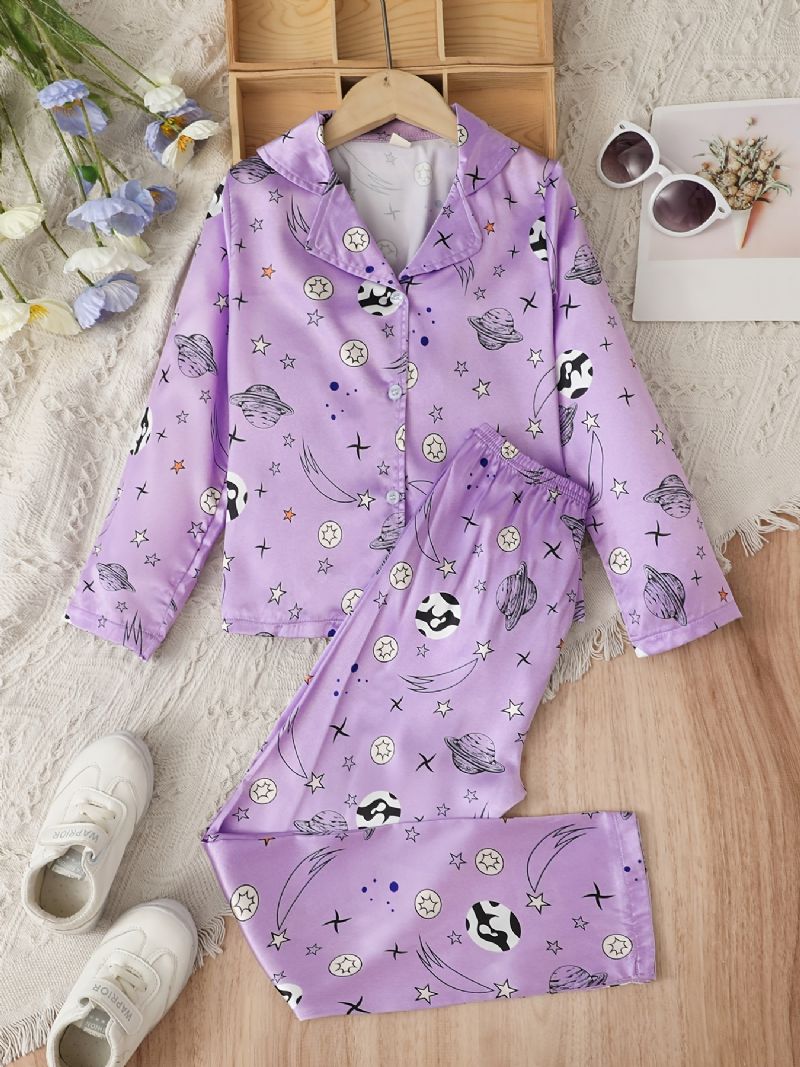 Dívčí Saténový Potisk Hvězdy Sada Pyžama Košile S Dlouhým Rukávem + Souprava Slušivých Kalhot Lounge Wear Domácí Oblečení Dětské