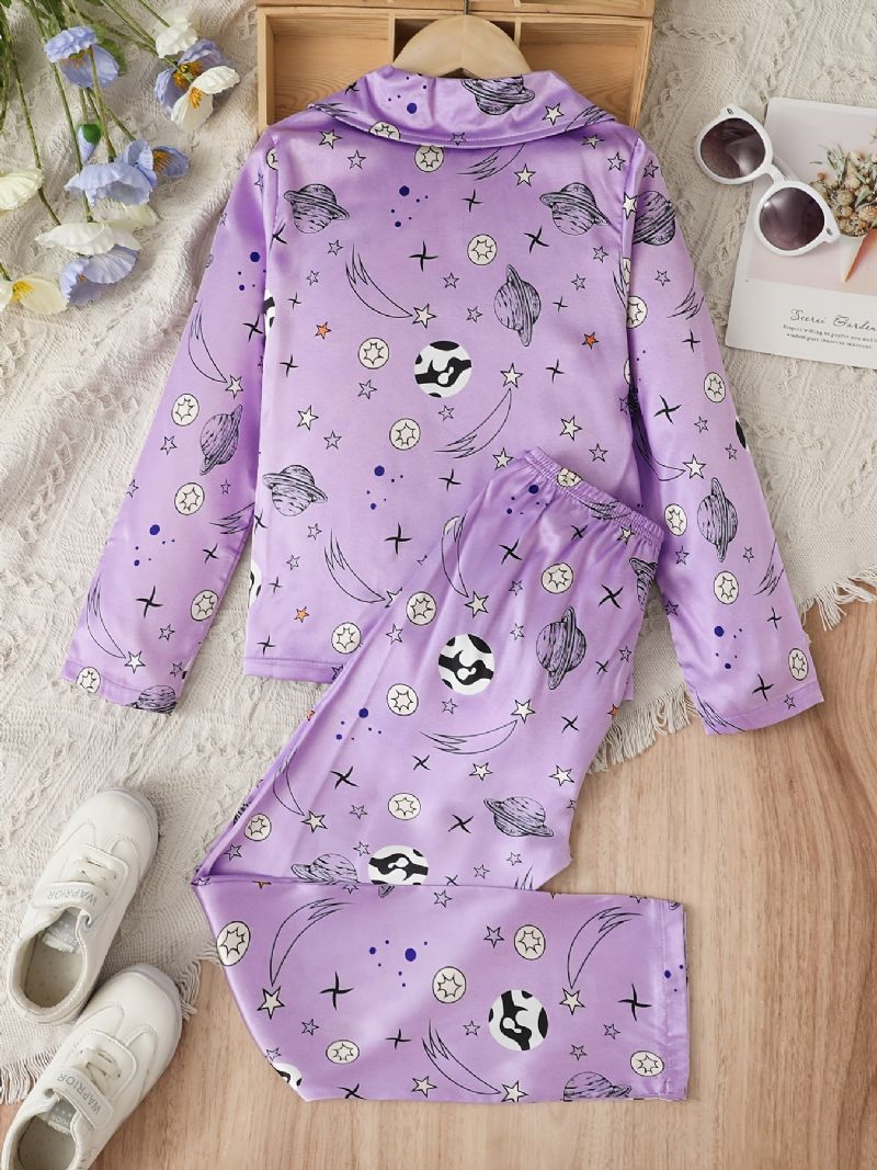 Dívčí Saténový Potisk Hvězdy Sada Pyžama Košile S Dlouhým Rukávem + Souprava Slušivých Kalhot Lounge Wear Domácí Oblečení Dětské