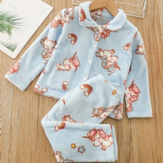 Dívčí Teplý Jednorožec S Potiskem Top + Kalhoty Pyžamová Sada Dětské Oblečení Na Spaní Na Zimu
