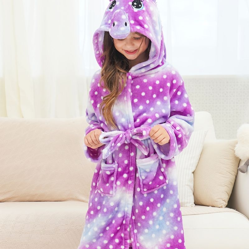 Dívčí Župan Unicorn S Kapucí Fialová Galaxy Dots Fleece Dětské Oblečení Na Spaní