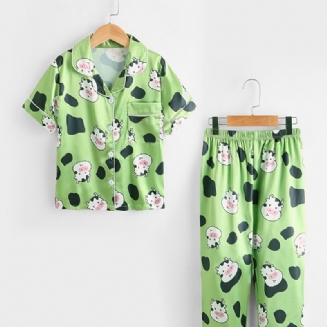 Dětské Dívky Chlapci Vzor Krávy Saténové Společenské Oblečení Domácí Top A Ladící Kalhoty Set Pyžamo