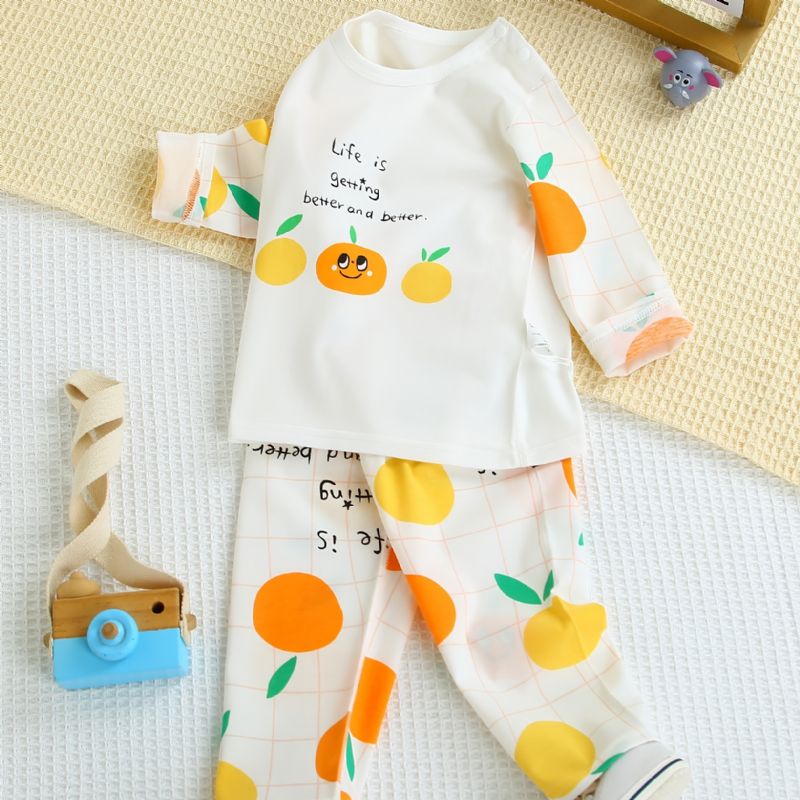 Dětské Dívčí Pyžamko Rodinný Outfit Oranžový Potisk Ovoce Kulatý Výstřih S Dlouhým Rukávem Top A Kalhoty Oblečení