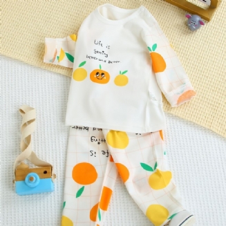 Dětské Dívčí Pyžamko Rodinný Outfit Oranžový Potisk Ovoce Kulatý Výstřih S Dlouhým Rukávem Top A Kalhoty Oblečení