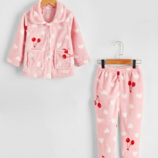 Dětské Dívčí Sady Srdce Cherry Flanelové Pyžamové Růžové